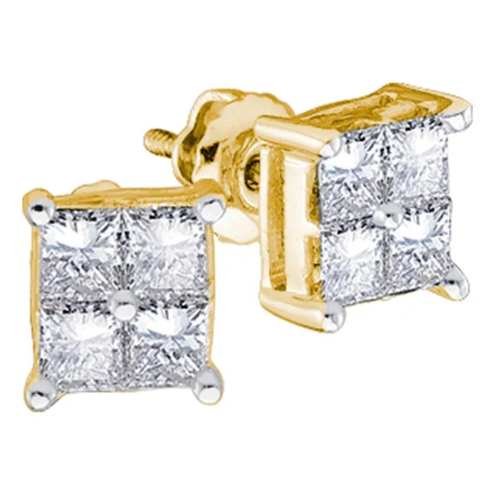 mayamila Earrings 14kt Yellow Gold Womens Princess Diamond Square Cluster Stud Earrings 14 Cttw