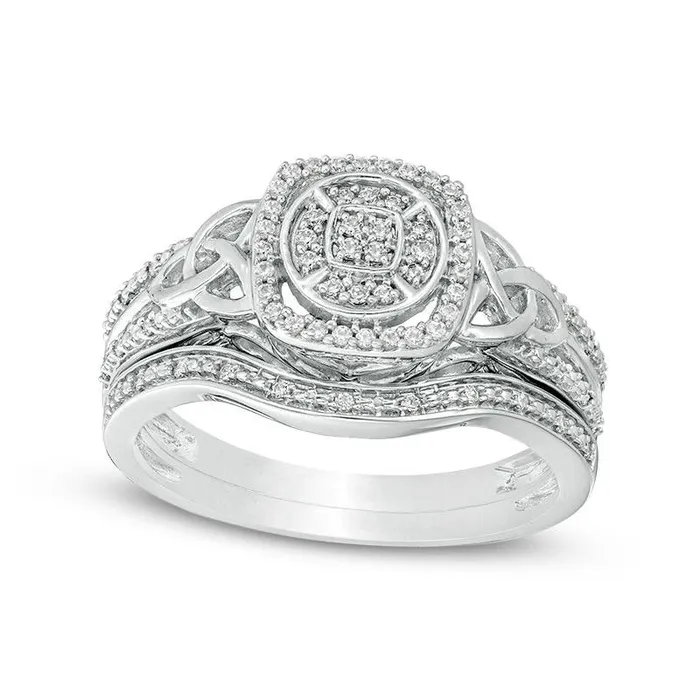 020 CT TW Composite Natural Diamond Cushion Frame Celtic Knot Sides Bridal Engagement Ring Set in Sterling Silver Goldia Rings 020 CT TW Composite Natural Diamond Cushion Frame Celtic Knot Sides Bridal Engagement Ring Set in Sterling Silver Goldia Rings