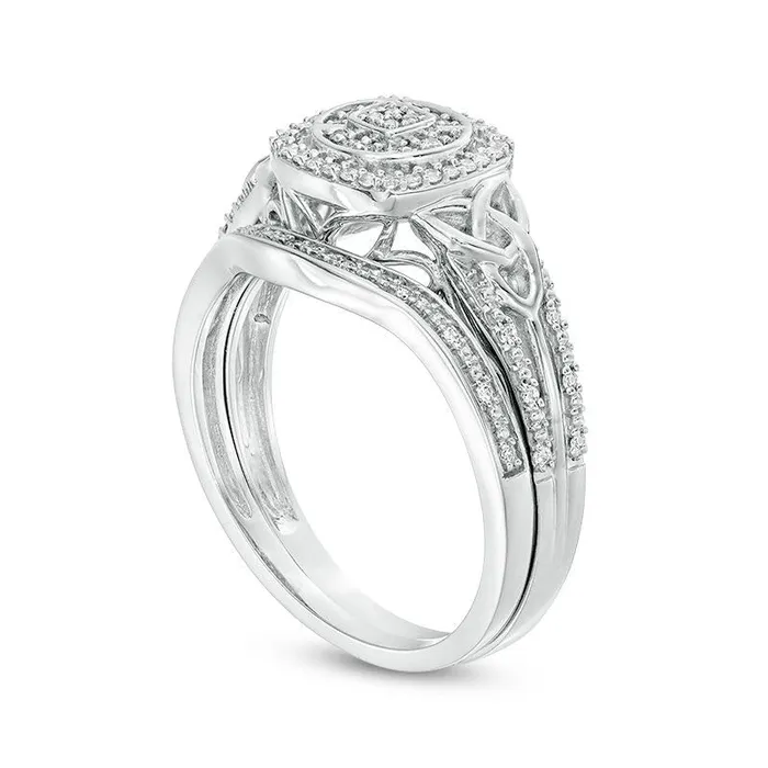 020 CT TW Composite Natural Diamond Cushion Frame Celtic Knot Sides Bridal Engagement Ring Set in Sterling Silver Goldia Rings