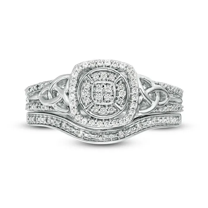020 CT TW Composite Natural Diamond Cushion Frame Celtic Knot Sides Bridal Engagement Ring Set in Sterling Silver Goldia Rings