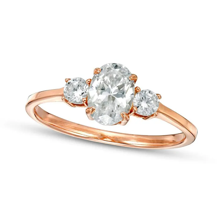 10 CT TW Oval and Round Natural Diamond Three Stone Engagement Ring in Solid 14K Rose Gold Goldia Rings 10 CT TW Oval and Round Natural Diamond Three Stone Engagement Ring in Solid 14K Rose Gold Goldia Rings