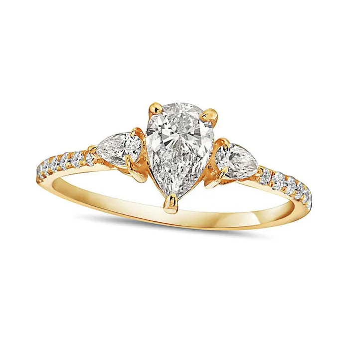 133 CT TW PearShaped Natural Diamond Three Stone Engagement Ring in Solid 14K Gold Goldia Rings 133 CT TW PearShaped Natural Diamond Three Stone Engagement Ring in Solid 14K Gold Goldia Rings