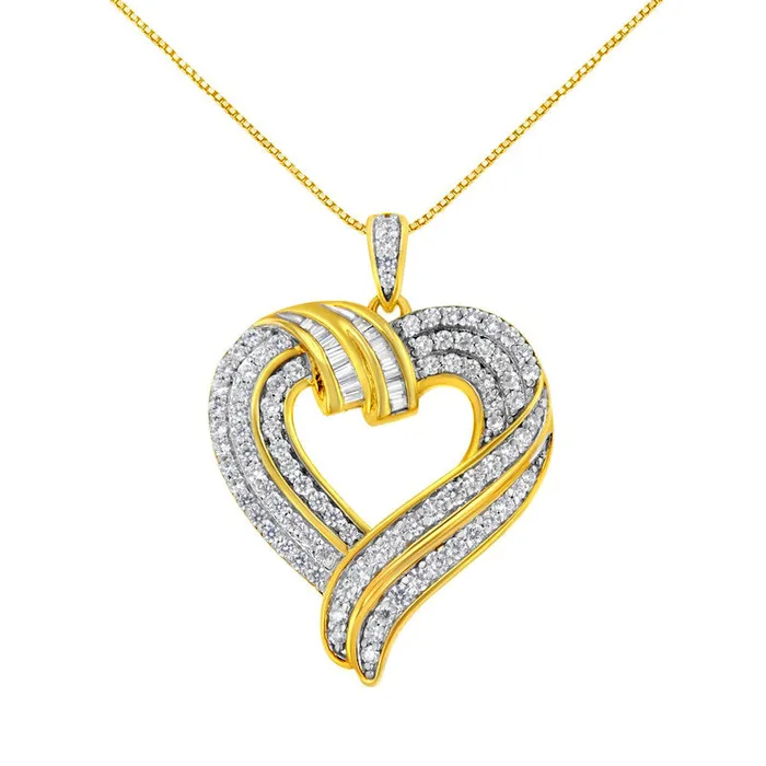 1 CT TW Natural Diamond Swirl Top Heart Pendant in Sterling Silver with 14K Gold Plate Goldia Necklaces