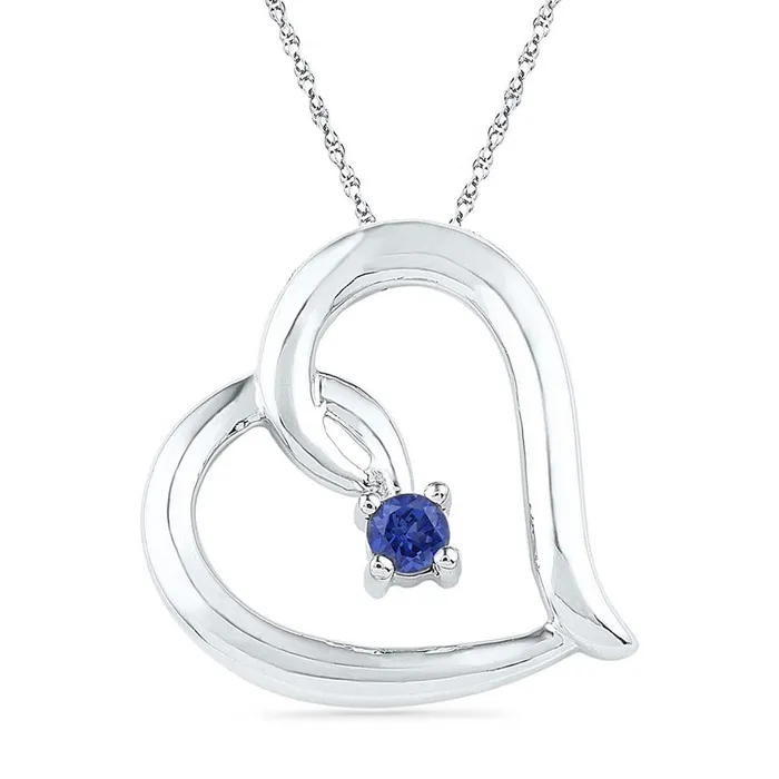 14k White Gold Round Created Blue Sapphire Heart Pendant 18 Cttw gndatlanta Necklaces