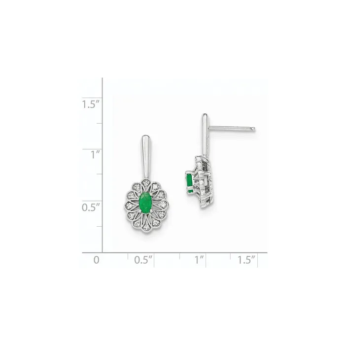 Earrings 14k White Gold Real Diamond and Emerald Post Dangle Earrings Goldia