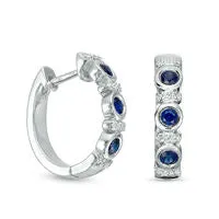 Earrings LabCreated Blue Sapphire and 01 CT TW Diamond Collar Three Stone Hoop Earrings in Sterling Silver Goldia Earrings LabCreated Blue Sapphire and 01 CT TW Diamond Collar Three Stone Hoop Earrings in Sterling Silver Goldia