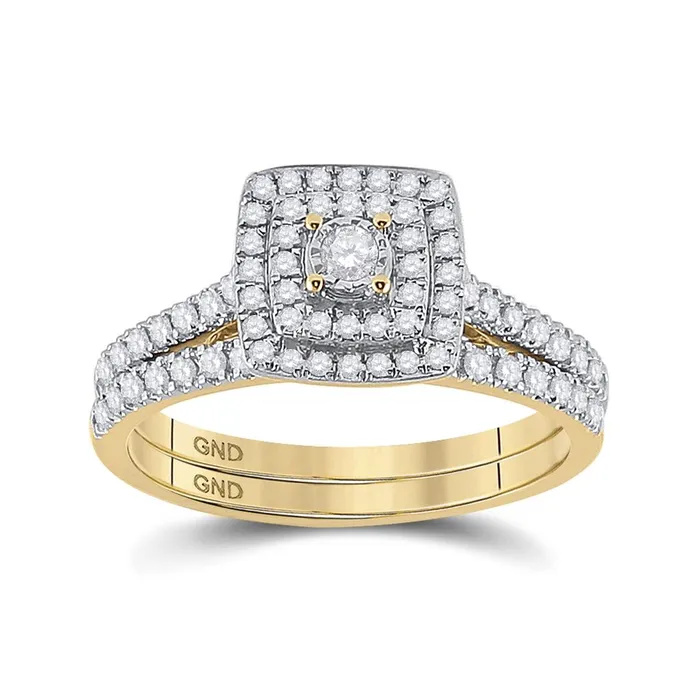 gndatlanta 10k Yellow Gold Round Diamond Halo Bridal Wedding Ring Set 12 Cttw Rings