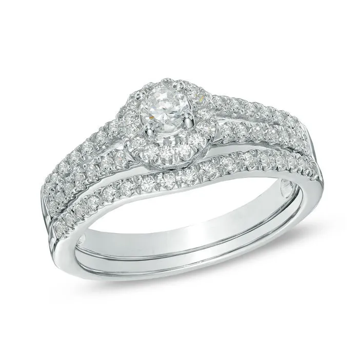 Goldiacom Rings 12 CT Diamond Halo Bridal Engagement Ring Set in 14K White Gold