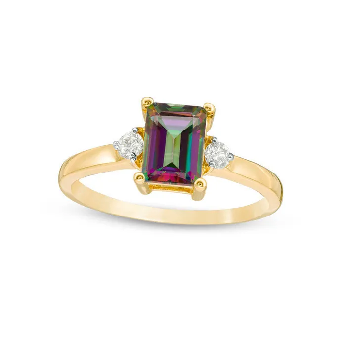 Goldia EmeraldCut Mystic Fire Topaz and 010 CT TW Natural Diamond Ring in Solid 10K Yellow Gold Rings Goldia EmeraldCut Mystic Fire Topaz and 010 CT TW Natural Diamond Ring in Solid 10K Yellow Gold Rings