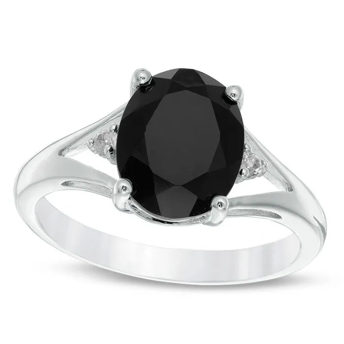 Goldia Rings Oval Onyx and White Topaz Split Shank Ring in Sterling Silver