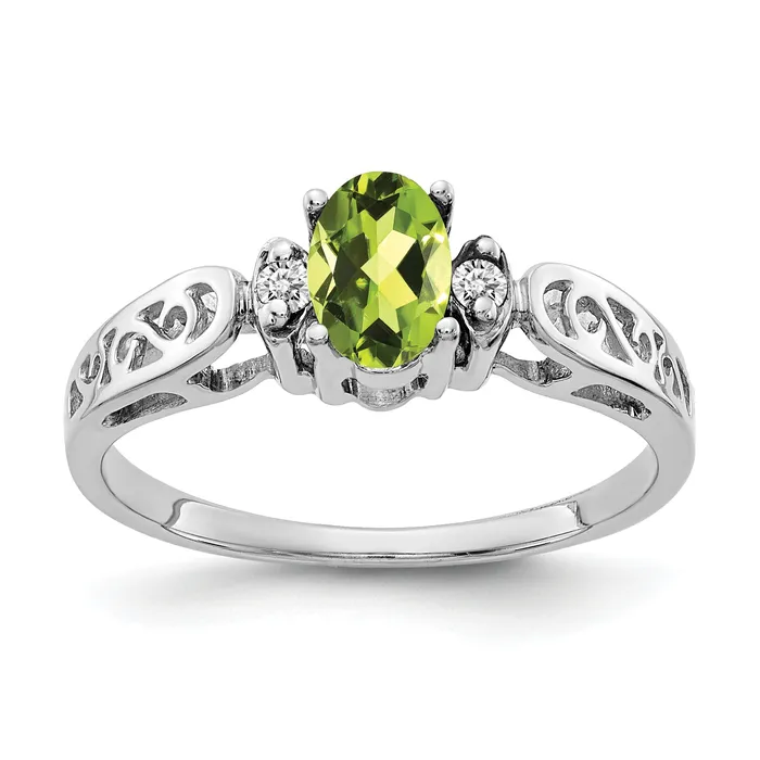 Goldia Solid 14k White Gold 6x4mm Oval Simulated Peridot VS CZ Ring Rings
