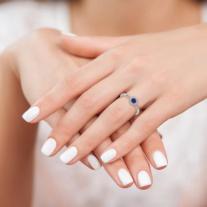 Goldia Solid 14k White Gold Simulated CZ and Cabochon Sapphire Ring Rings