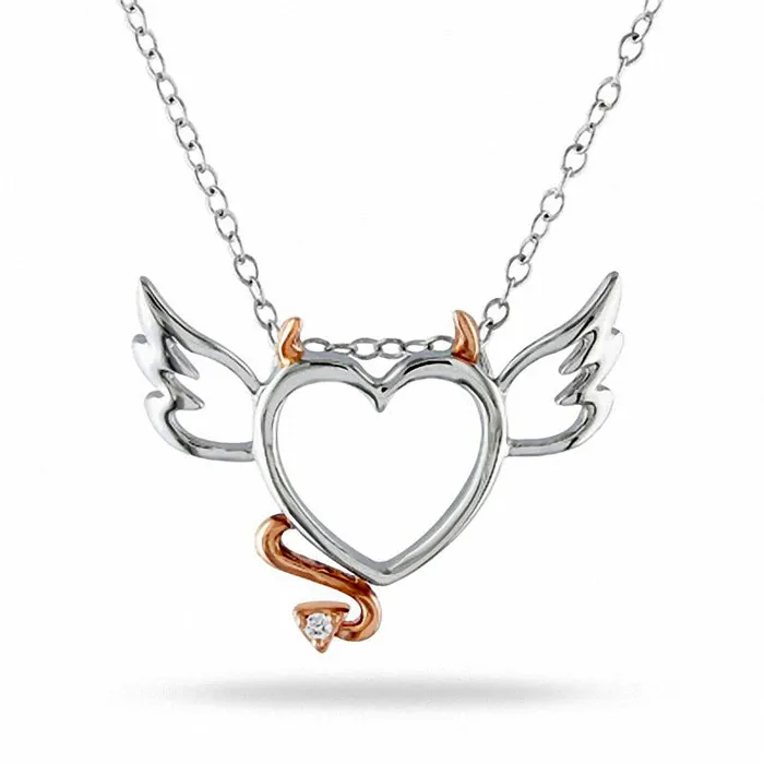 Natural Diamond Accent Devil Heart with Wings Pendant in TwoTone Sterling Silver Goldia Necklaces