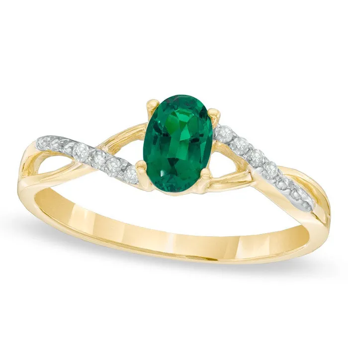 Oval LabCreated Emerald and Diamond Accent Twist Engagement Ring in Solid 10K Yellow Gold Goldia Rings