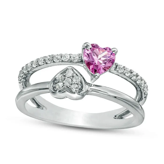 Rings Goldia LabCreated Pink and White Sapphire Composite Mirrored Hearts Split Shank Ring in Sterling Silver
