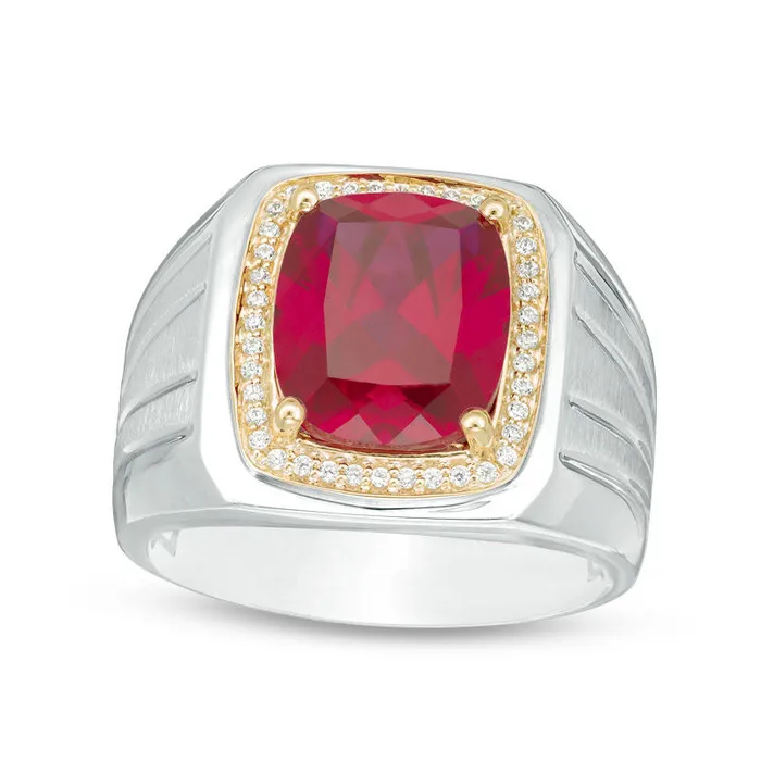 Rings Mens CushionCut LabCreated Ruby and 017 CT TW Diamond Signet Ring in Sterling Silver and Solid 10K Yellow Gold Goldia Rings Mens CushionCut LabCreated Ruby and 017 CT TW Diamond Signet Ring in Sterling Silver and Solid 10K Yellow Gold Goldia