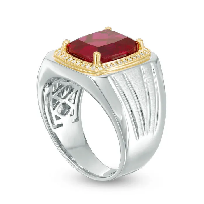 Rings Mens CushionCut LabCreated Ruby and 017 CT TW Diamond Signet Ring in Sterling Silver and Solid 10K Yellow Gold Goldia Rings Mens CushionCut LabCreated Ruby and 017 CT TW Diamond Signet Ring in Sterling Silver and Solid 10K Yellow Gold Goldia