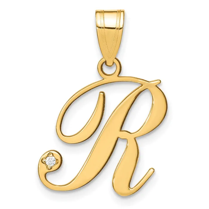 14k Yellow Gold Script Letter R Initial Pendant with Diamond TreasureFineJewelers Necklaces
