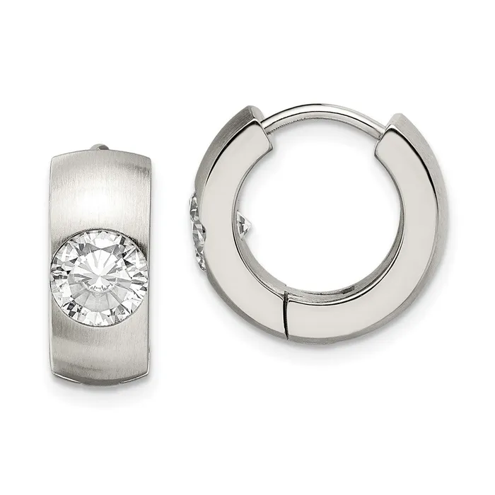 Earrings Stainless Steel Brushed Polished wCZ Round 7mm Hinged Hoop Earrings TreasureFineJewelers Earrings Stainless Steel Brushed Polished wCZ Round 7mm Hinged Hoop Earrings TreasureFineJewelers