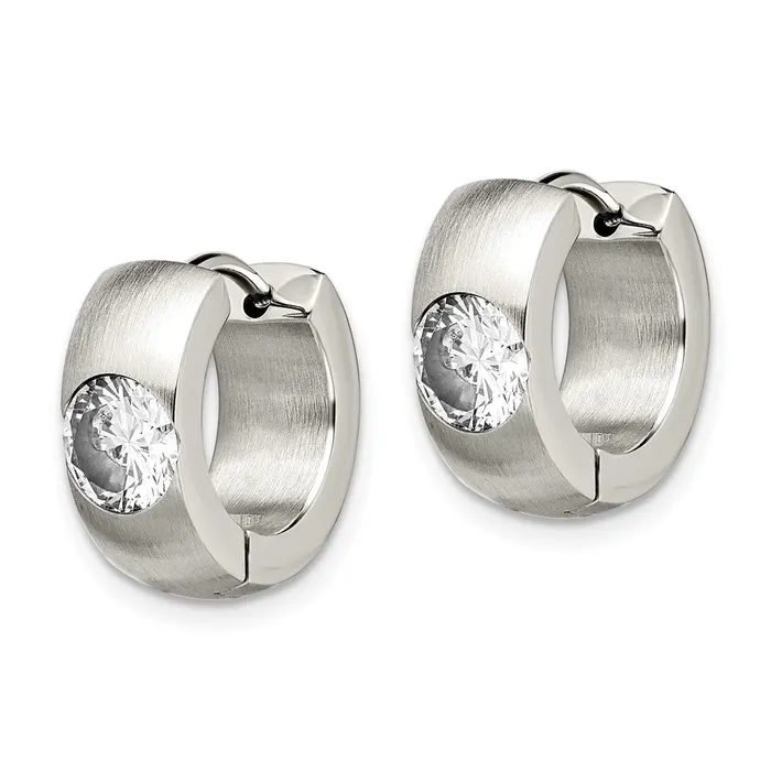 Earrings Stainless Steel Brushed Polished wCZ Round 7mm Hinged Hoop Earrings TreasureFineJewelers