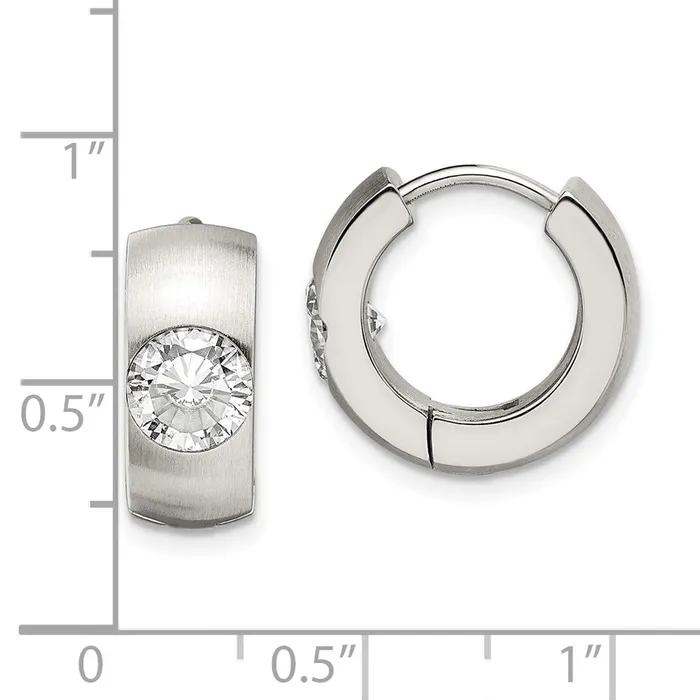 Earrings Stainless Steel Brushed Polished wCZ Round 7mm Hinged Hoop Earrings TreasureFineJewelers