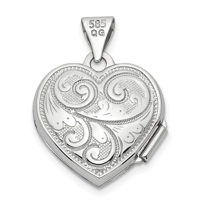 Rings TreasureFineJewelers 14k White Gold Reversible Swirl Design 15mm Heart Locket