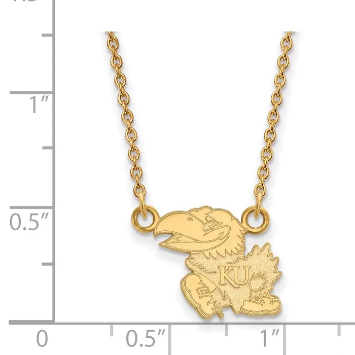 Sterling Silver Goldplated University of Kansas Jayhawk Small Pendant 18 inch Necklace TreasureFineJewelers Necklaces