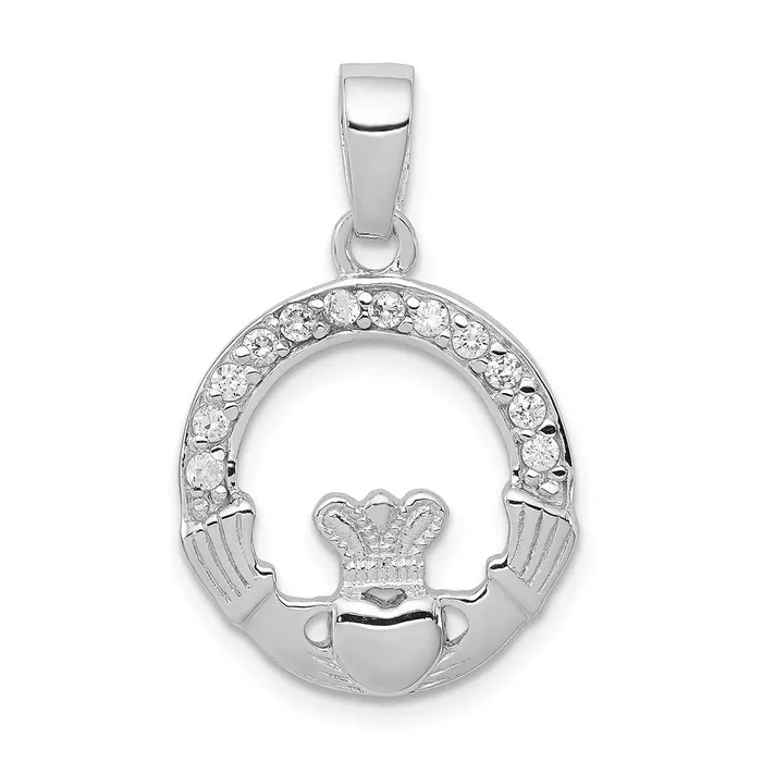Sterling Silver Rhodium Plated CZ Claddagh Pendant TreasureFineJewelers Necklaces Sterling Silver Rhodium Plated CZ Claddagh Pendant TreasureFineJewelers Necklaces