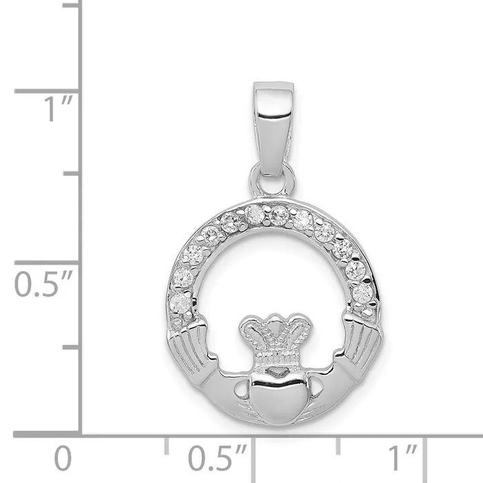 Sterling Silver Rhodium Plated CZ Claddagh Pendant TreasureFineJewelers Necklaces