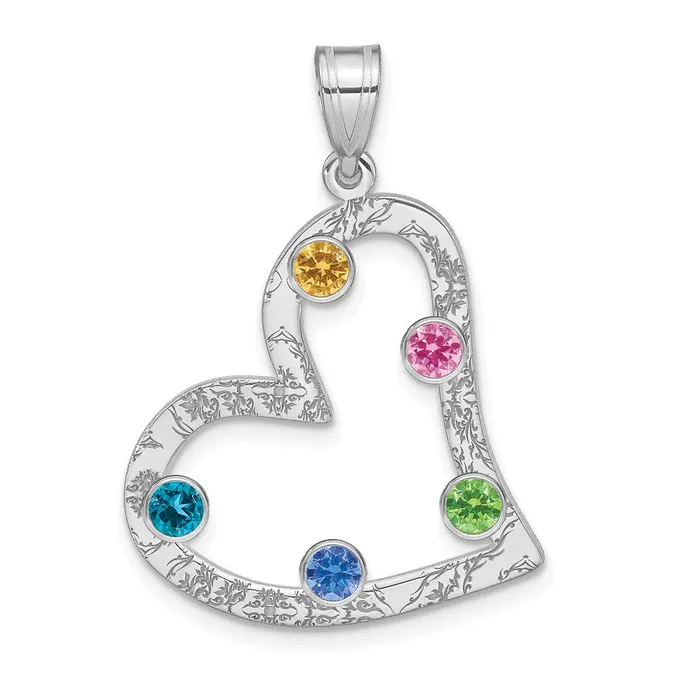 TreasureFineJewelers Necklaces SSRhodiumplated 5 Birthstone Heart with SS Bezel Family Pendant