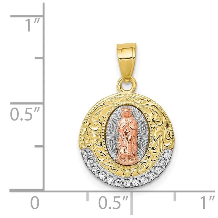 TreasureFineJewelers Rings 10K TwoTone w Rhodium CZ Lady Of Guadalupe Round Pendant