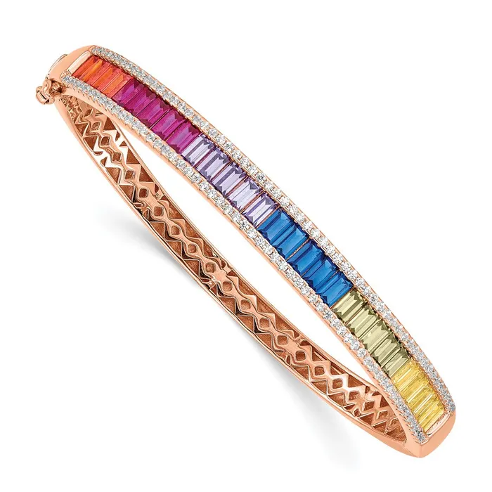TreasureFineJewelers Rings Prizma Sterling Silver Rosetone 14K Flash Rose Goldplated White and Colorful Baguette CZ Hinged Bangle TreasureFineJewelers Rings Prizma Sterling Silver Rosetone 14K Flash Rose Goldplated White and Colorful Baguette CZ Hinged Bangle