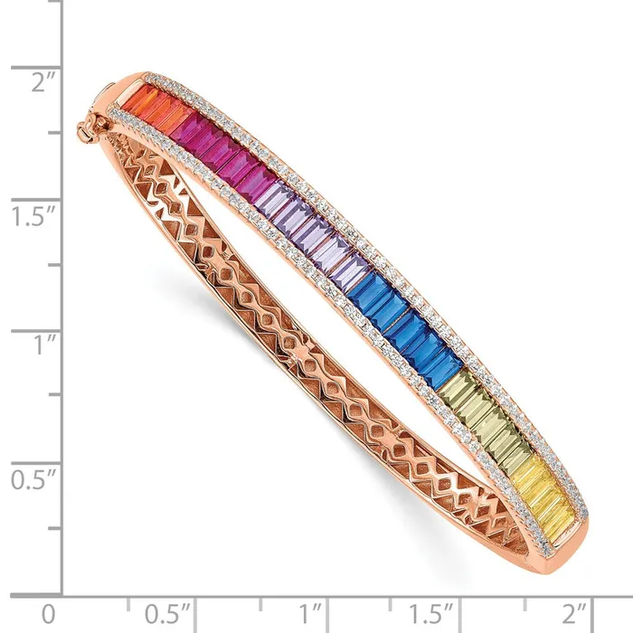 TreasureFineJewelers Rings Prizma Sterling Silver Rosetone 14K Flash Rose Goldplated White and Colorful Baguette CZ Hinged Bangle