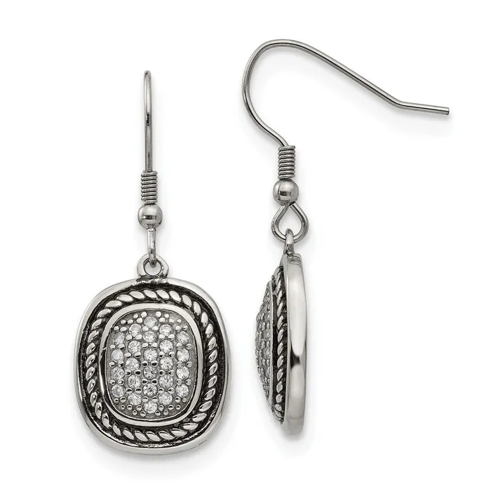 TreasureFineJewelers Stainless Steel Antiqued and Polished wCZ Dangle Shepherd Hook Earrings Earrings TreasureFineJewelers Stainless Steel Antiqued and Polished wCZ Dangle Shepherd Hook Earrings Earrings