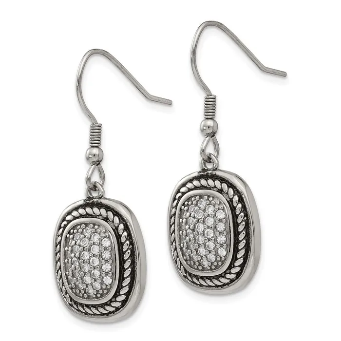 TreasureFineJewelers Stainless Steel Antiqued and Polished wCZ Dangle Shepherd Hook Earrings Earrings