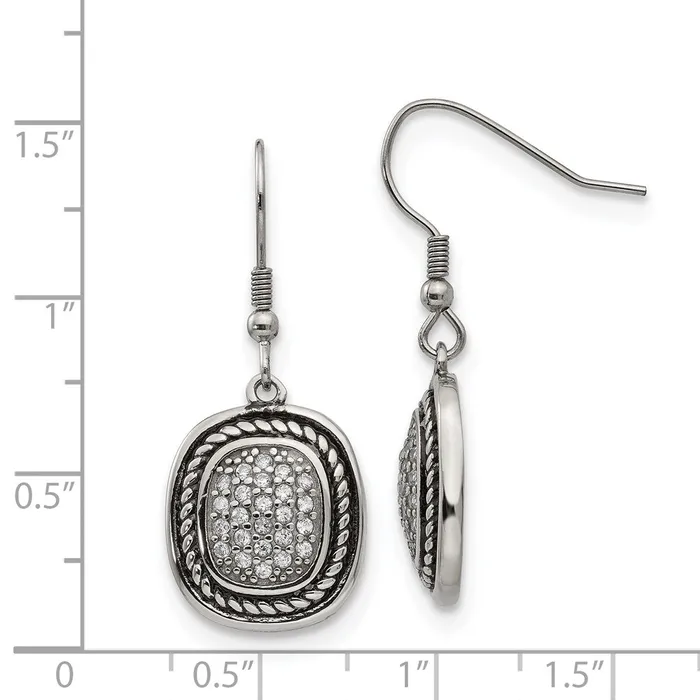 TreasureFineJewelers Stainless Steel Antiqued and Polished wCZ Dangle Shepherd Hook Earrings Earrings