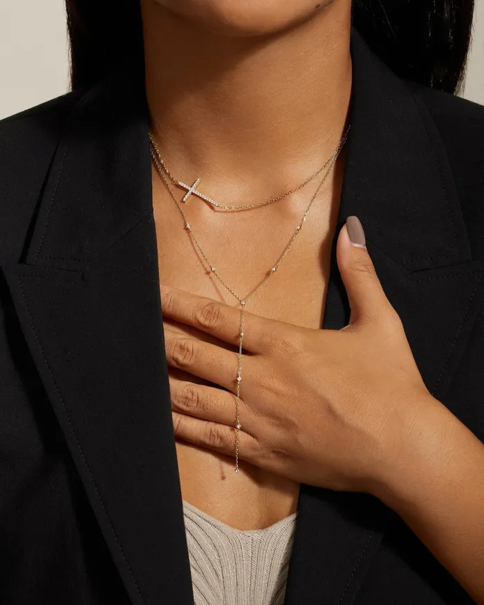 Gold Plated CZ Studded Lariat Necklace Eklexic Necklaces