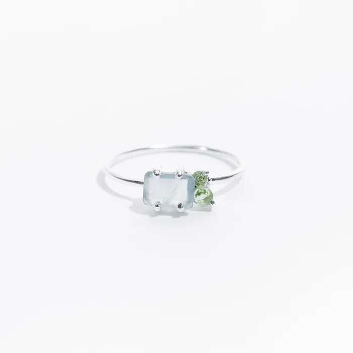 Silver Lotus Rings Silver Chalcedony and Peridot Faceted Three Stone Ring