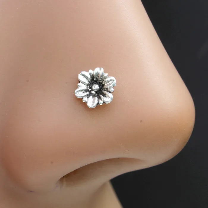 Indian Flower Sterling Silver nose stud Oxidized Corkscrew nose ring L bend 22g Karizma Jewels Rings