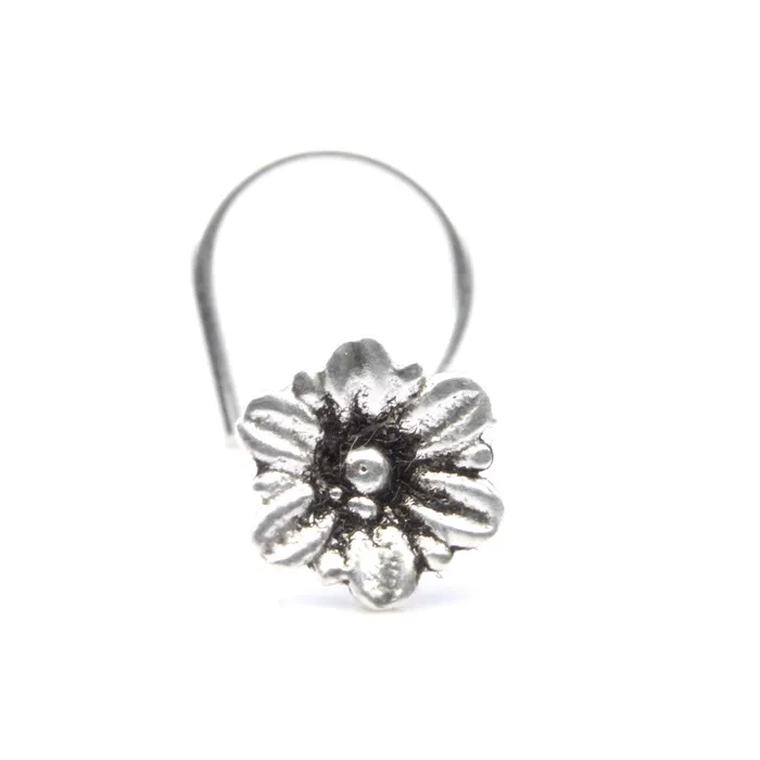Indian Flower Sterling Silver nose stud Oxidized Corkscrew nose ring L bend 22g Karizma Jewels Rings