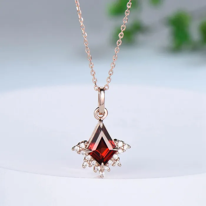 PENFINE Necklaces Art Deco Kite Cut Garnet Pendant Necklace Vintage Garnet Diamond Pendant 14k18k rose gold moissanite promise engagement gift for women