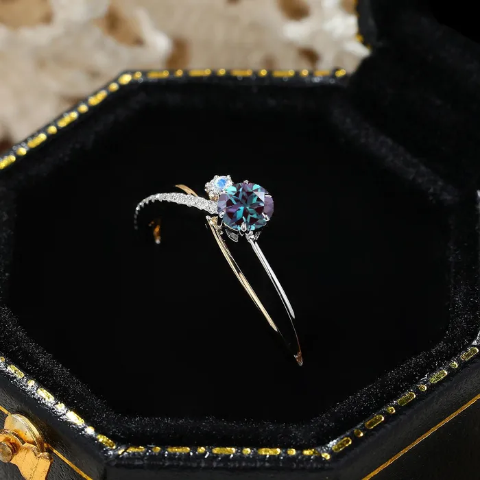 PENFINE Rings 5mm Dainty round alexandrite ring Unique moonstone alexandrite engagement ring split shank Delicate June birthstone wedding ring for women PENFINE Rings 5mm Dainty round alexandrite ring Unique moonstone alexandrite engagement ring split shank Delicate June birthstone wedding ring for women