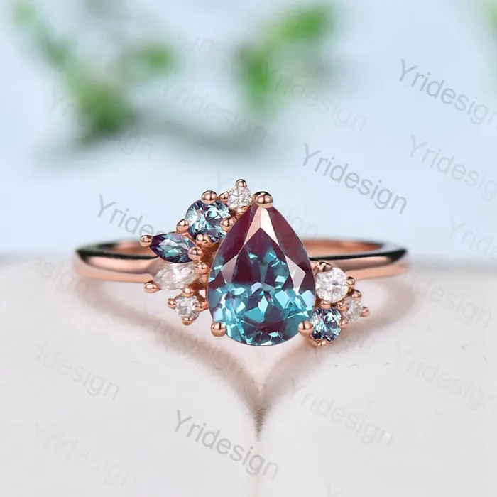 PENFINE Rings Pear shaped alexandrite ring rose gold vintage unique alexandrite engagement ring alternative cluster ring art deco moissanite bridal ring PENFINE Rings Pear shaped alexandrite ring rose gold vintage unique alexandrite engagement ring alternative cluster ring art deco moissanite bridal ring