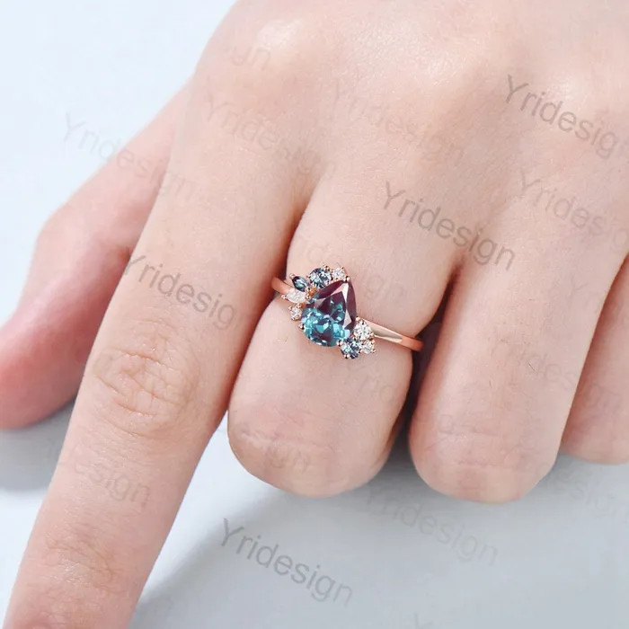 PENFINE Rings Pear shaped alexandrite ring rose gold vintage unique alexandrite engagement ring alternative cluster ring art deco moissanite bridal ring PENFINE Rings Pear shaped alexandrite ring rose gold vintage unique alexandrite engagement ring alternative cluster ring art deco moissanite bridal ring