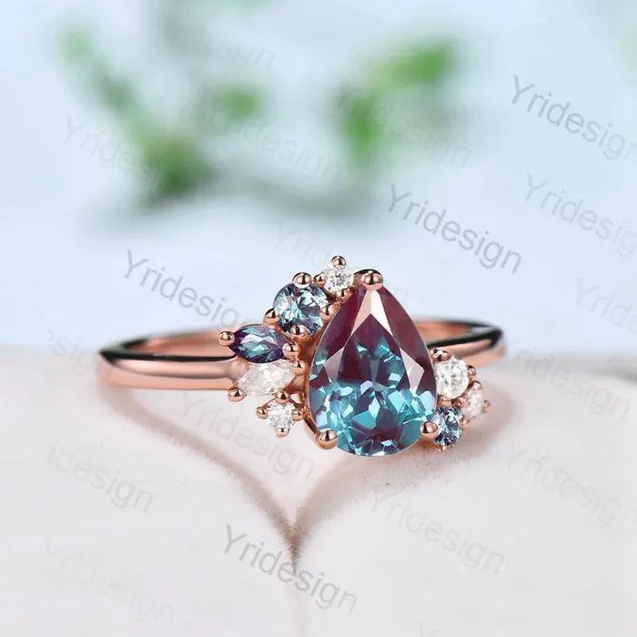 PENFINE Rings Pear shaped alexandrite ring rose gold vintage unique alexandrite engagement ring alternative cluster ring art deco moissanite bridal ring PENFINE Rings Pear shaped alexandrite ring rose gold vintage unique alexandrite engagement ring alternative cluster ring art deco moissanite bridal ring