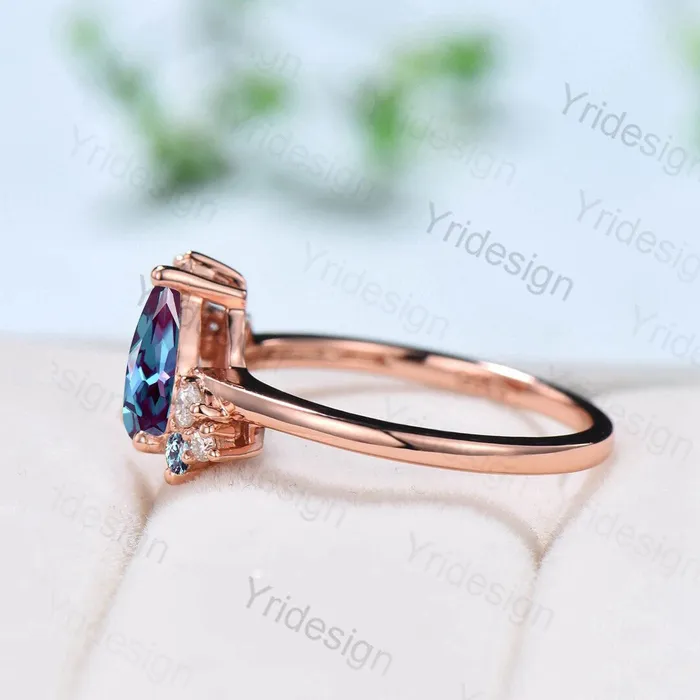 PENFINE Rings Pear shaped alexandrite ring rose gold vintage unique alexandrite engagement ring alternative cluster ring art deco moissanite bridal ring PENFINE Rings Pear shaped alexandrite ring rose gold vintage unique alexandrite engagement ring alternative cluster ring art deco moissanite bridal ring