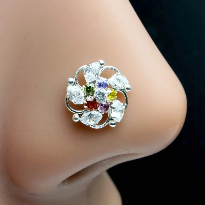 Rings Karizma Jewels Indian Floral 925 Sterling Silver Multi CZ Twisted nose ring 22g Rings Karizma Jewels Indian Floral 925 Sterling Silver Multi CZ Twisted nose ring 22g
