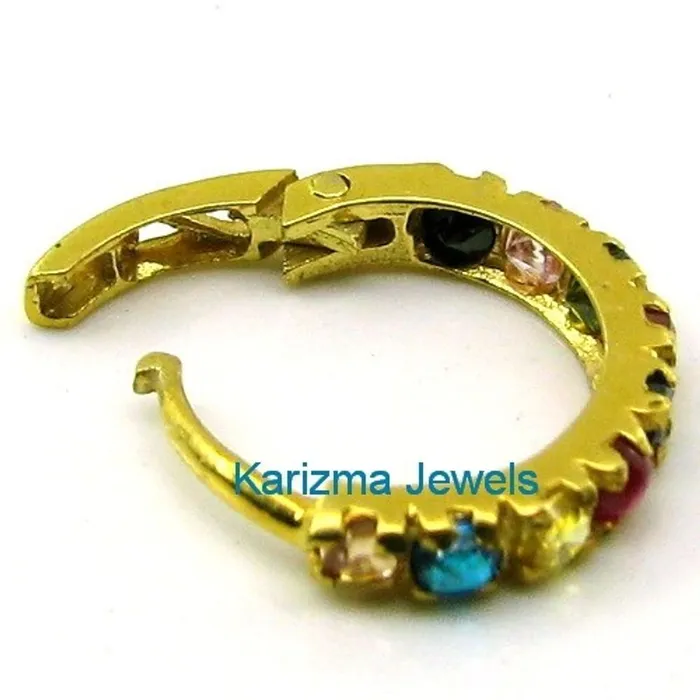 Rings Multicolor Bollywood Indian Style CZ Studded Nose Hoop Ring 14k Solid Real Gold Jewelry 22g Karizma Jewels