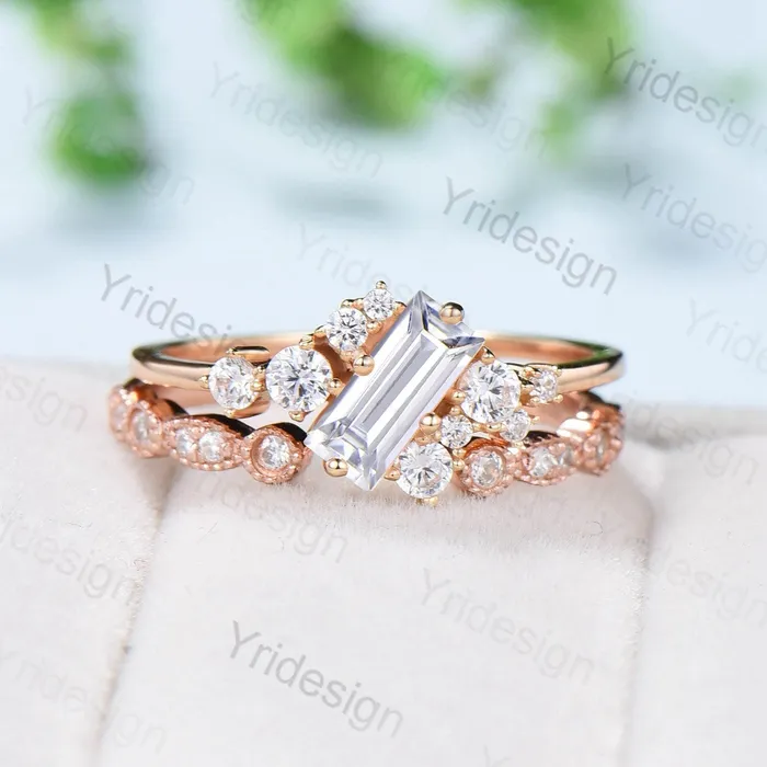 Rings PENFINE Unique Baguette Moissanite Bridal Ring Set Cluster Moissanite Diamond Engagement Ring Stacking Ring Handmade Proposal Gifts for Women Rings PENFINE Unique Baguette Moissanite Bridal Ring Set Cluster Moissanite Diamond Engagement Ring Stacking Ring Handmade Proposal Gifts for Women