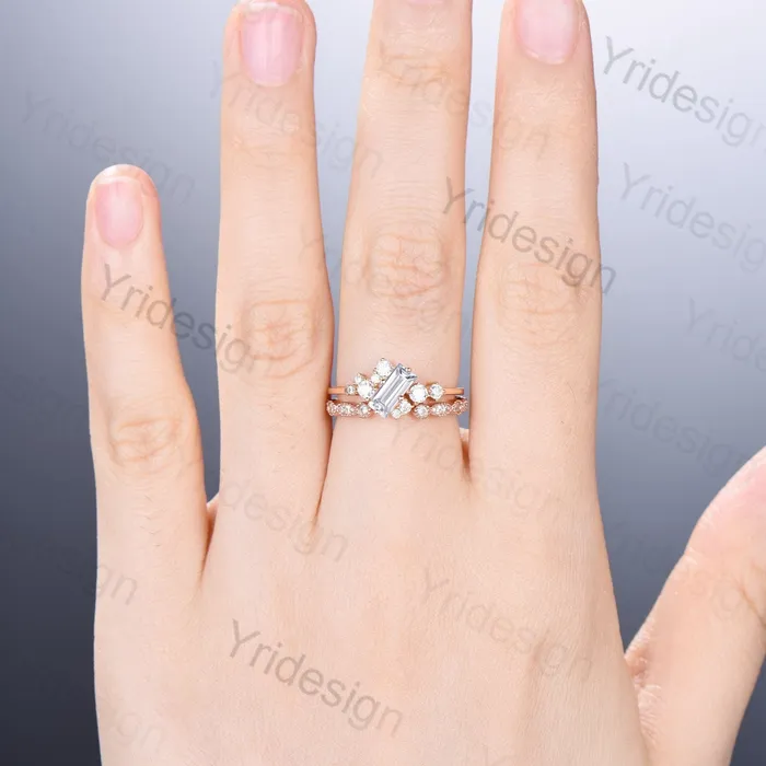 Rings PENFINE Unique Baguette Moissanite Bridal Ring Set Cluster Moissanite Diamond Engagement Ring Stacking Ring Handmade Proposal Gifts for Women Rings PENFINE Unique Baguette Moissanite Bridal Ring Set Cluster Moissanite Diamond Engagement Ring Stacking Ring Handmade Proposal Gifts for Women